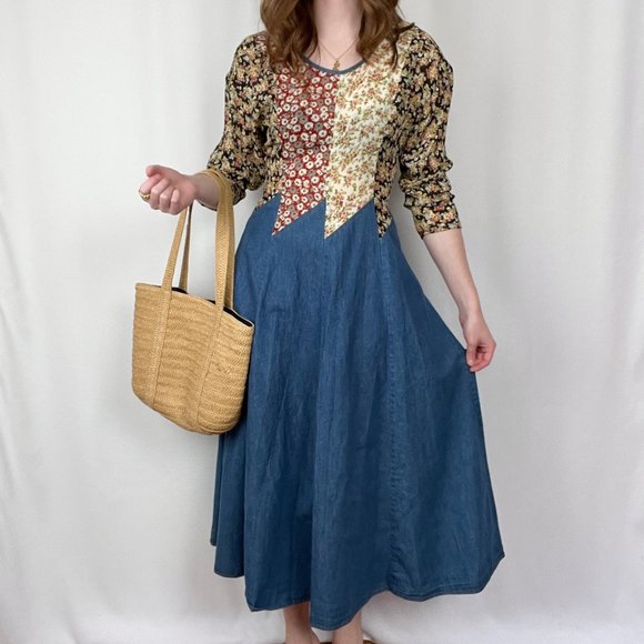 Stunning Vintage Cottagecore Patchwork Quilted Denim Midi Maxi Dress 70s 80s 90s - Picture 11 of 11